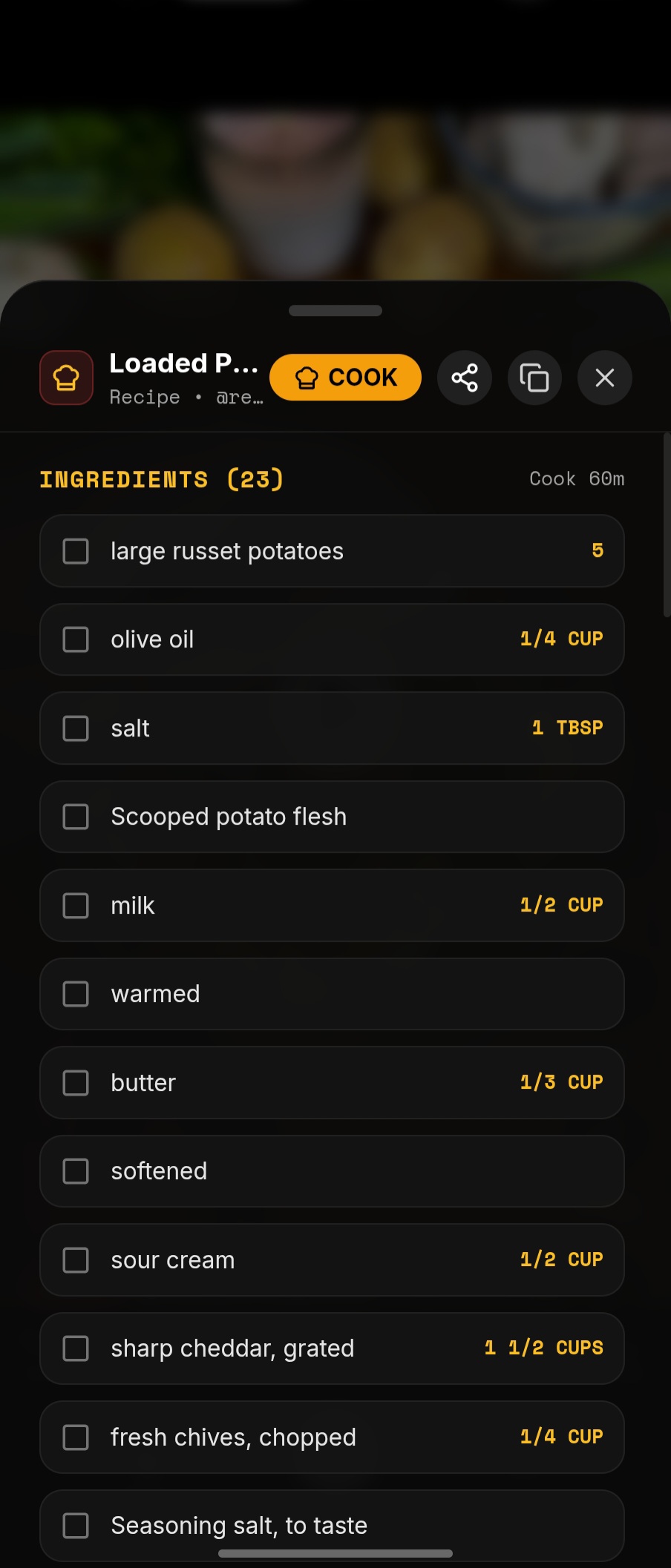 STASH UI ingredients view